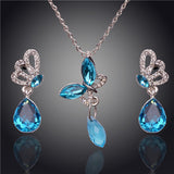 New Butterfly Austrian Crystal Necklace & Earring Set With Water Drop Pendants (4 Colors)