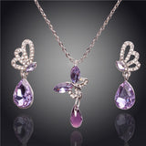 New Butterfly Austrian Crystal Necklace & Earring Set With Water Drop Pendants (4 Colors)