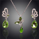 New Butterfly Austrian Crystal Necklace & Earring Set With Water Drop Pendants (4 Colors)