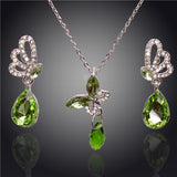New Butterfly Austrian Crystal Necklace & Earring Set With Water Drop Pendants (4 Colors)