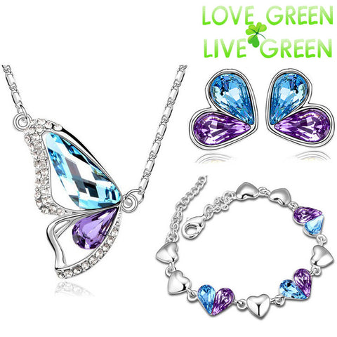 Butterfly Austrian Crystal 18K White Gold Plated Necklace, Earring & Bracelet Set (3 Colors)