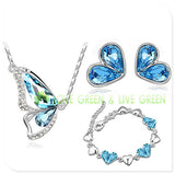 Butterfly Austrian Crystal 18K White Gold Plated Necklace, Earring & Bracelet Set (3 Colors)