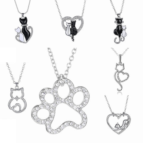 Cat Paw Black White 2 Cats On A Heart Crystal Necklace