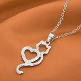 Cat Paw Black White 2 Cats On A Heart Crystal Necklace