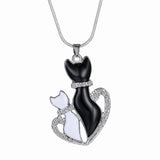 Cat Paw Black White 2 Cats On A Heart Crystal Necklace