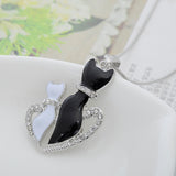 Cat Paw Black White 2 Cats On A Heart Crystal Necklace