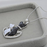 Cat Paw Black White 2 Cats On A Heart Crystal Necklace