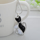 Cat Paw Black White 2 Cats On A Heart Crystal Necklace